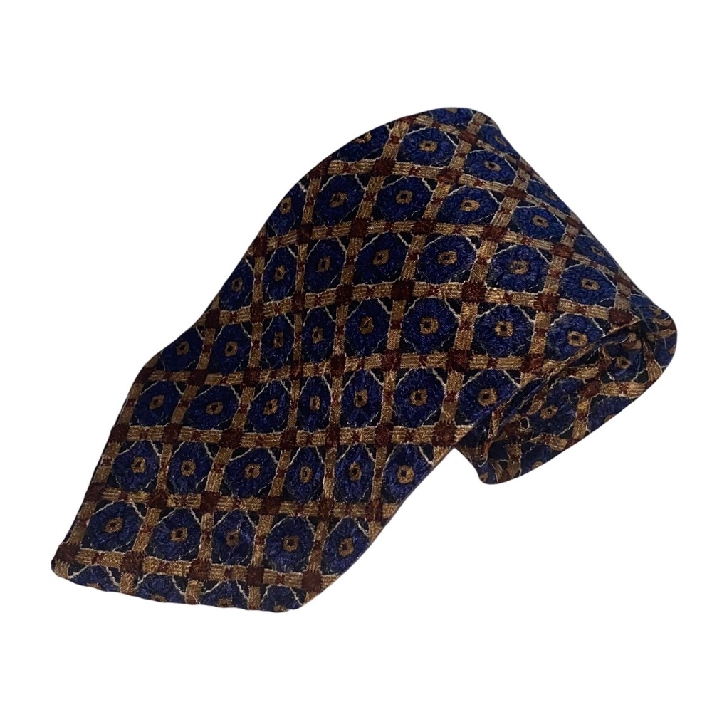 RICHEL Hand Made in Spain Men's Necktie Blue‎ Brown Geometric Pattern